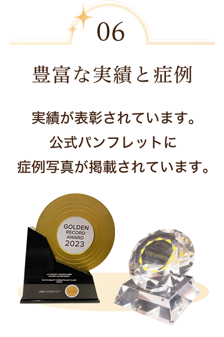豊富な実績と症例　実績が表彰されています。公式パンフレットに症例写真が掲載されています。