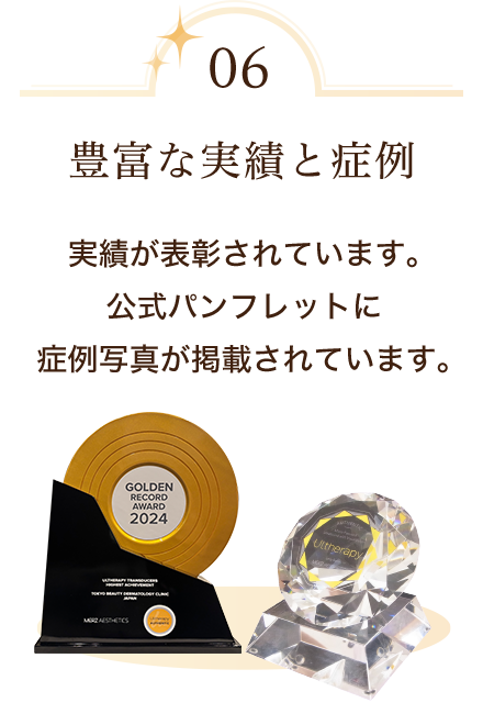 豊富な実績と症例　実績が表彰されています。公式パンフレットに症例写真が掲載されています。