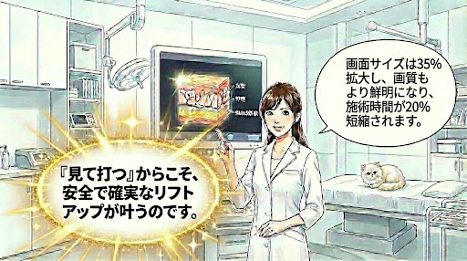 ４コマ目：ウルセラプライムは画面サイズ３５％拡大し、画質もより鮮明になりました。施術時間も20％短縮されます。