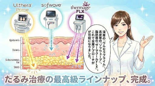 ５コマ目：深層のウルセラプライム、真皮層のソフウェーブ、脂肪層のサーマクールFLXが揃い、当院では皮膚の全層アプローチが可能となりました。
