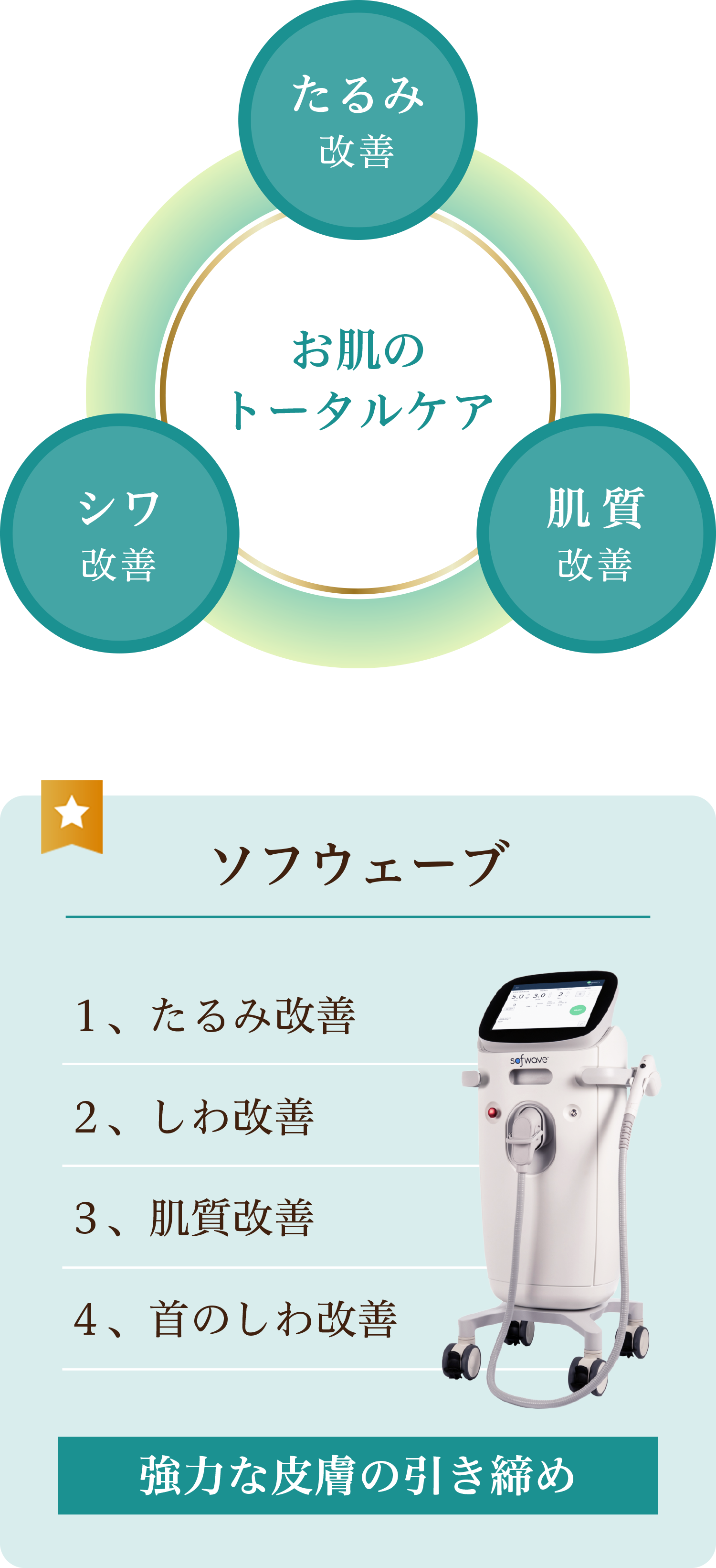 ソフウェーブの特徴の解説。お肌のトータルケア_たるみ改善、しわ改善、肌質改善、首のシワ改善、強力な皮膚の引き締め